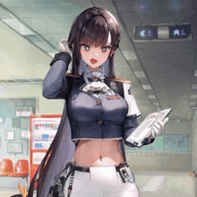 a girl in a military uniform is standing in a hallway holding a book
