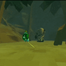 a video game character is holding a sword in a dark room