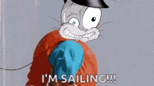 a cartoon cat says " i 'm sailing " in front of a person