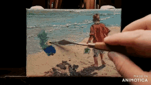 a person is painting a picture of a boy on the beach with the words made in animatica below it