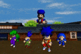 a group of cartoon characters are standing in front of a building with chinese writing