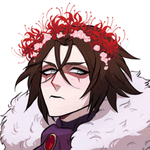 a drawing of a man wearing a crown of red flowers