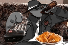 a drawing of a man sitting on a couch holding a remote and a bowl of chips