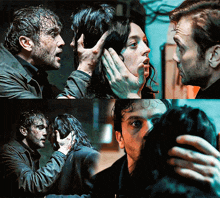 a man is holding a woman 's face in a collage of images