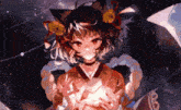 a girl with cat ears and bells in her hair is holding a light