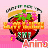 a logo for the strawberry music family shows a strawberry with hearts around it