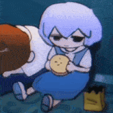 a girl in a blue dress is holding a sandwich