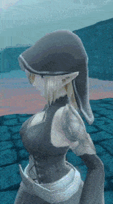 a woman in a video game is wearing a hooded hat and a black outfit .