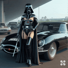 a darth vader standing next to a black car with a license plate that says eh