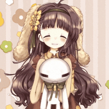 a girl with a flower in her hair is holding a white rabbit