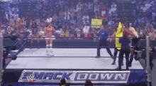 a woman in a bunny outfit is in a wrestling ring with a sign that says smack down on it