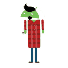 a cartoon character with a plaid shirt and a mustache is holding a cup of coffee .