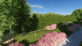 a rendering of a golf course with pink flowers and trees