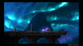 a video game scene with a mountain and a bridge
