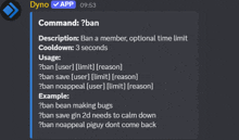 a screenshot of a discord chat with the command " ban " at the top