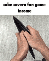 a person is holding an empty wallet with the words `` cube cavern fan game income '' on it .