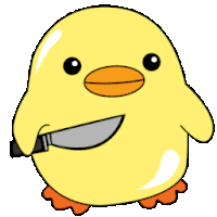 a yellow cartoon duck is holding a knife in its mouth