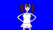 a cartoon drawing of a girl with pigtails wearing a white top and skirt