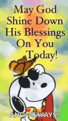 snoopy is wearing sunglasses and holding a butterfly on his shoulder .