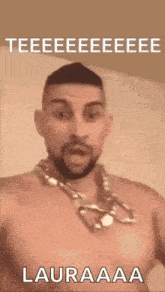 a shirtless man with a beard and a chain around his neck is making a funny face .