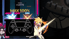 a playstation controller is shown next to a girl holding a sword