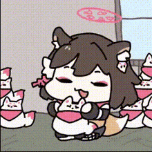 a cartoon of a cat girl sitting on the floor with a bunch of cats .