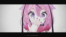a girl with pink hair and purple eyes covering her mouth