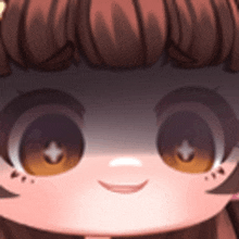 a close up of a cartoon girl 's face with brown eyes and a smile .