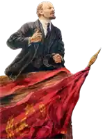 a painting of a man giving a speech behind a red flag