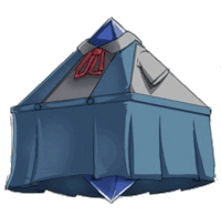 a cartoon drawing of a blue pyramid with a red bow