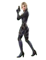 a woman in a blue suit holds a gun in her right hand