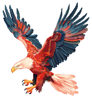 a colorful eagle is flying with its wings outstretched on a white background