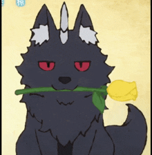 a drawing of a wolf holding a yellow rose