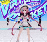 a girl is standing in front of a sign that says ' summer market '
