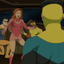 a cartoon of a group of superheros including a woman in a pink suit