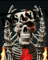 a skeleton with a bloody eye has the word insanity written on it