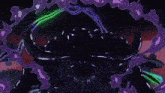 a cartoon drawing of a monster with horns and purple flames