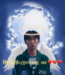 a man with angel wings and the words fly high gyeong su below him