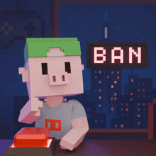 a cartoon character is pressing a button under a sign that says ban