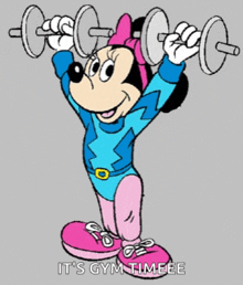 a cartoon of minnie mouse lifting a dumbbell with the caption it 's gym timeee