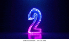 the number 2 is glowing in the dark with purple and blue lights .