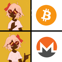 a cartoon of a girl pointing to a bitcoin and a monero logo