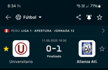 a screenshot of a soccer game between universidad and alianza atl.