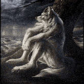 a painting of a wolf sitting under a tree with a stormy sky in the background