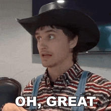 a man in a cowboy hat and overalls is saying oh great