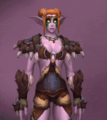 a woman in a purple and brown outfit has a necklace on her neck