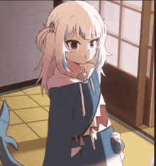 a girl with a shark tail is standing in a room with a window