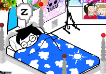 a cartoon of a person sleeping in a bed with a blue blanket