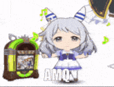 a cartoon girl is standing next to a jukebox with the word amqn written on it