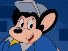 a cartoon mouse wearing a white hat and a blue shirt